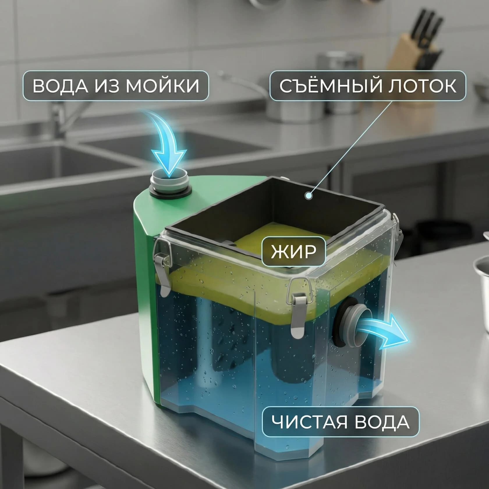 Схема работы жироуловителя БИОФОР в разрезе: вода из мойки, съёмный лоток, слой жира, чистая вода